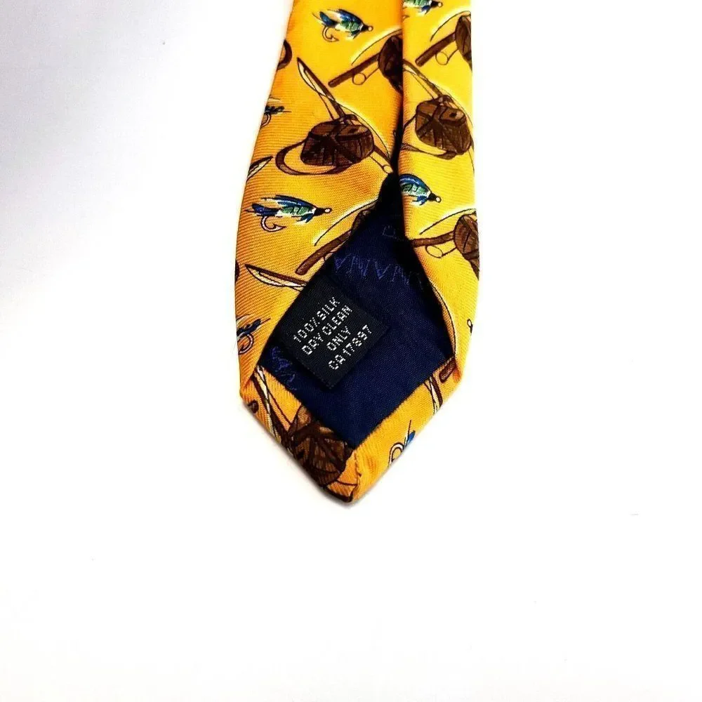 Banana Republic Fly Fishing Print Yellow Wide‎ Silk Tie